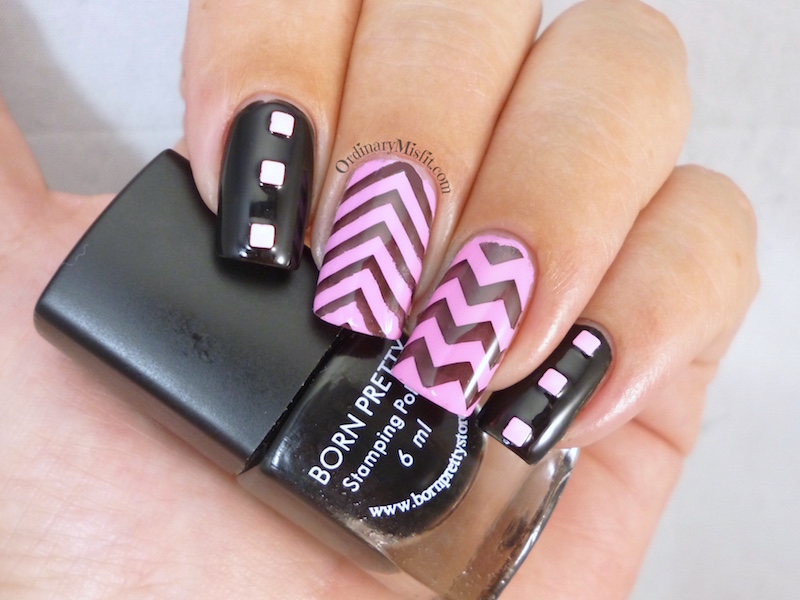 Pink and black chevrons nail art