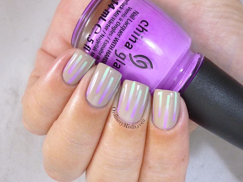 Nude and neon gradient stripes nail art