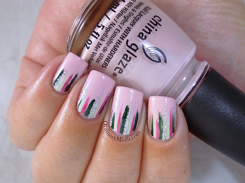 Twinsies Pink & green waterfall nail art