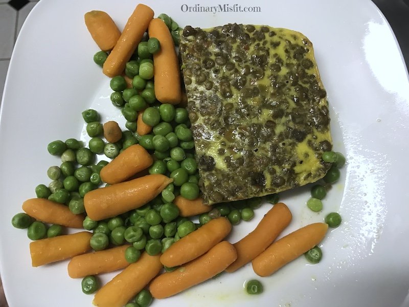 Vegetarian lentil bobotie, carrots and peas