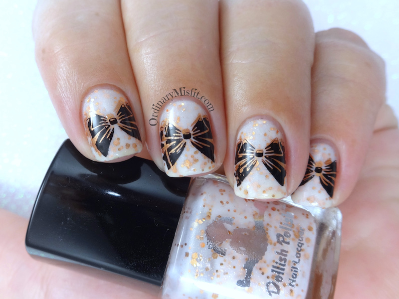 Copper white black bow nail art