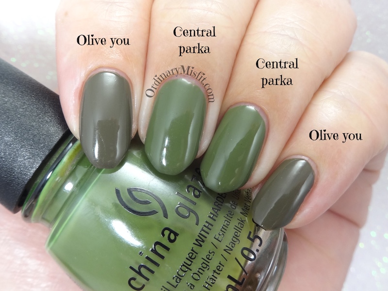 Comparison Essnce - Olive you vs China Glaze - Central parka 2