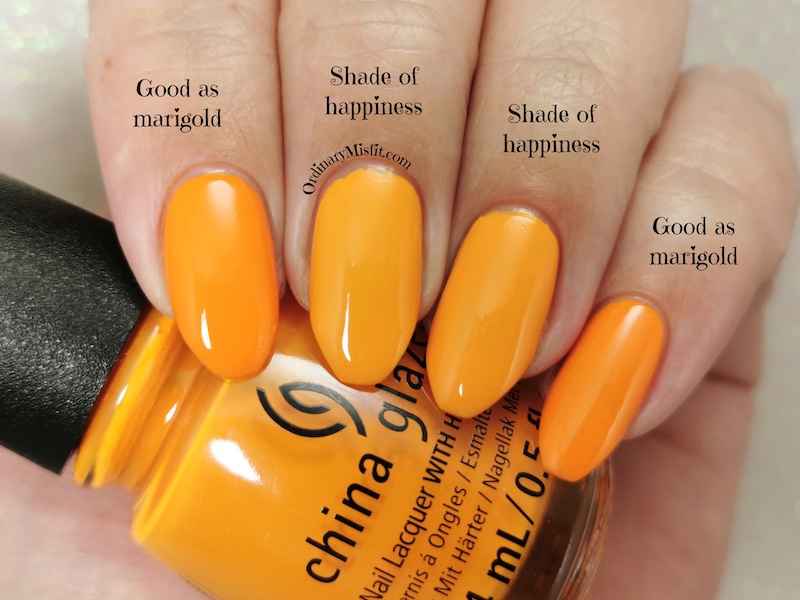 Comparison China Glaze - Good as marigold vs Essence - Shade of happiness